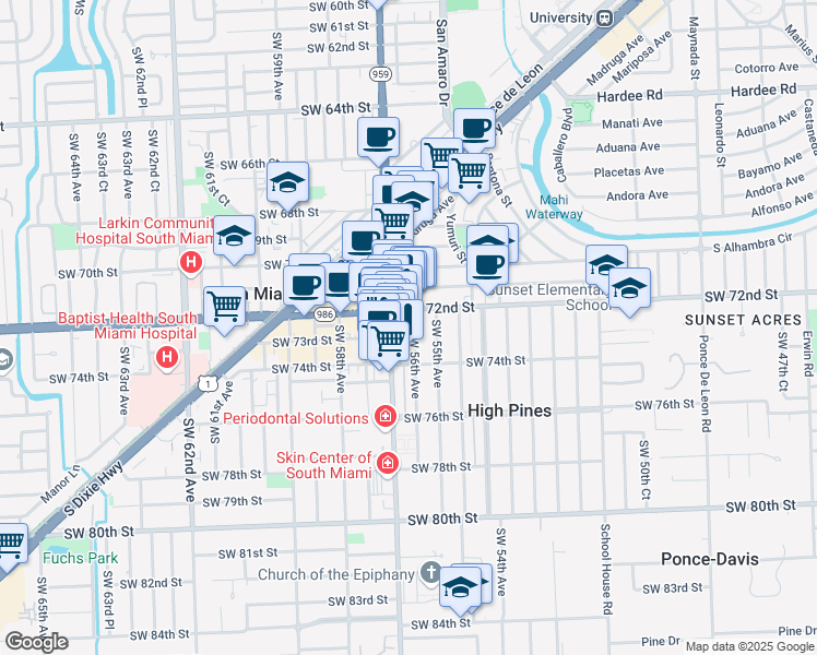 map of restaurants, bars, coffee shops, grocery stores, and more near 7230 Southwest 56th Avenue in Miami