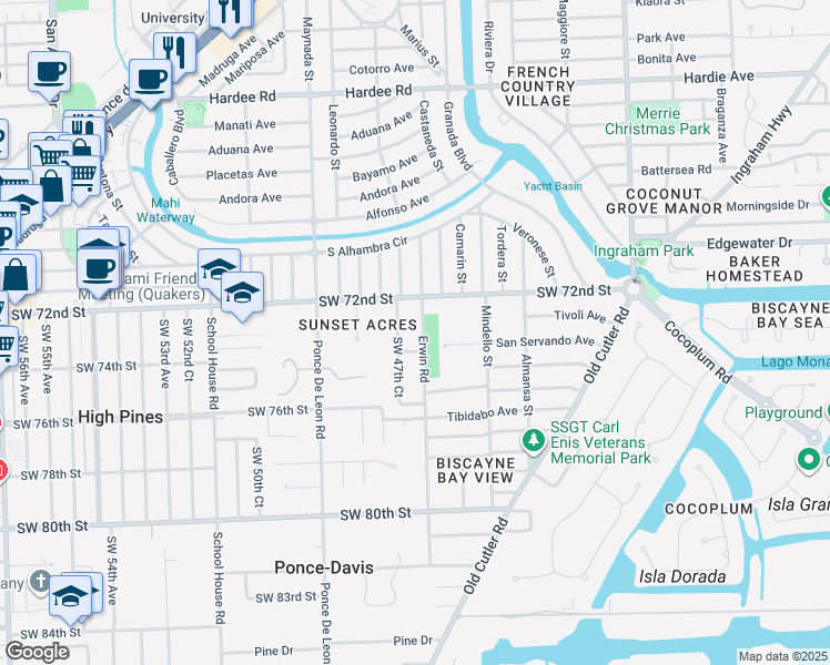 map of restaurants, bars, coffee shops, grocery stores, and more near 7310 Erwin Road in Coral Gables