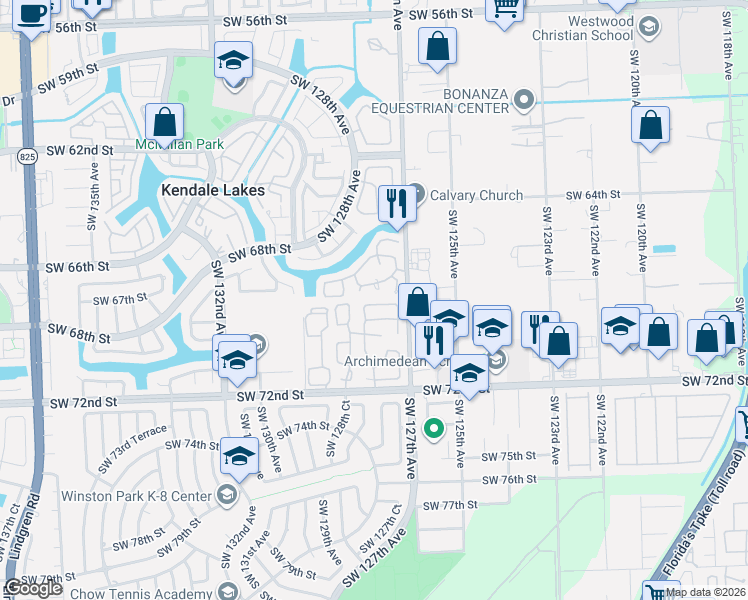 map of restaurants, bars, coffee shops, grocery stores, and more near 12729 Southwest 68th Terrace in Miami