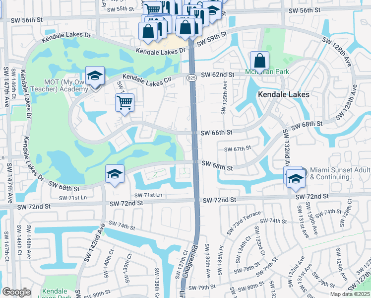 map of restaurants, bars, coffee shops, grocery stores, and more near 6735 Southwest 137th Court in Miami