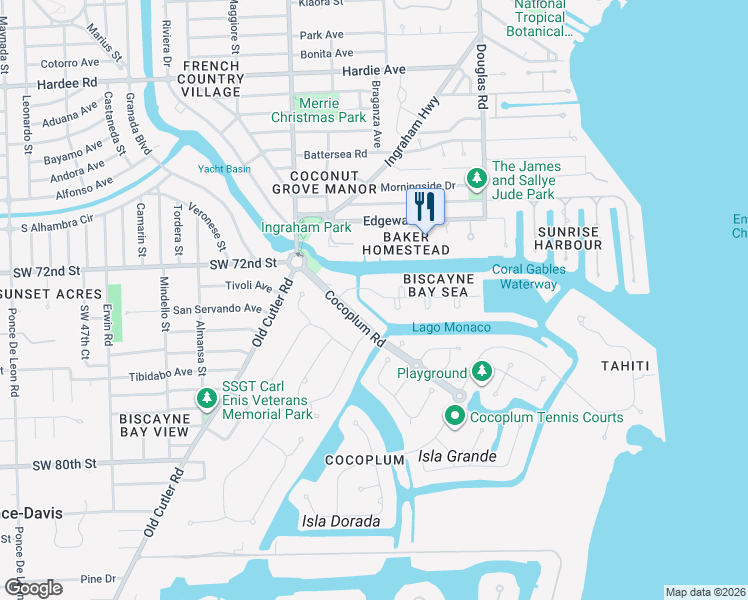 map of restaurants, bars, coffee shops, grocery stores, and more near 6920 Prado Boulevard in Coral Gables