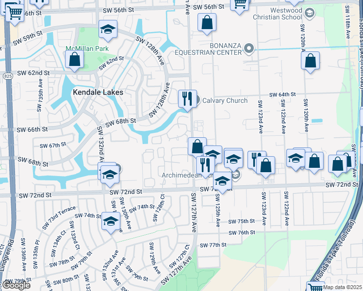 map of restaurants, bars, coffee shops, grocery stores, and more near 12729 Southwest 68th Terrace in Miami