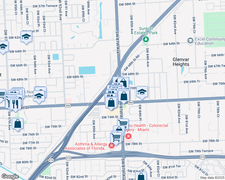 map of restaurants, bars, coffee shops, grocery stores, and more near 7000 Southwest 87th Court in Miami