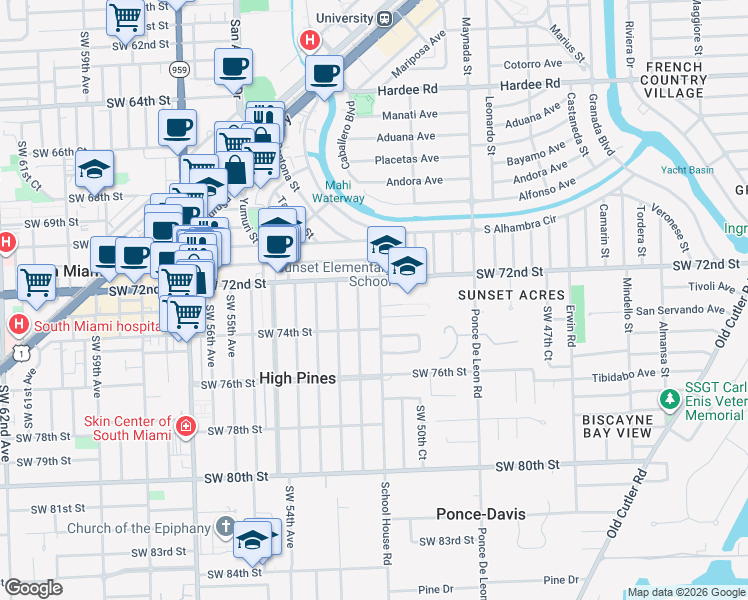 map of restaurants, bars, coffee shops, grocery stores, and more near 7236 School House Road in Miami