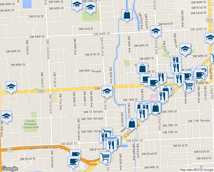 map of restaurants, bars, coffee shops, grocery stores, and more near 6661 Southwest 72nd Street in South Miami