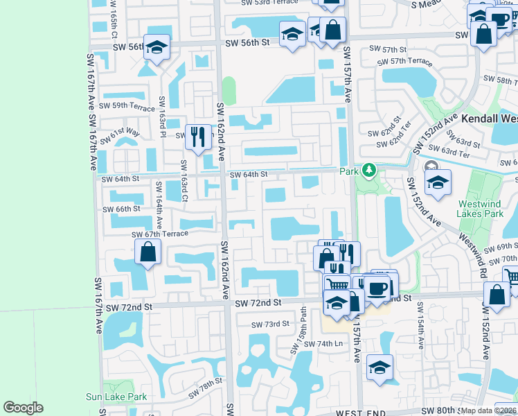 map of restaurants, bars, coffee shops, grocery stores, and more near 6610 Southwest 159th Place in Miami