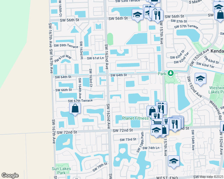map of restaurants, bars, coffee shops, grocery stores, and more near 16127 Southwest 66th Terrace in Miami