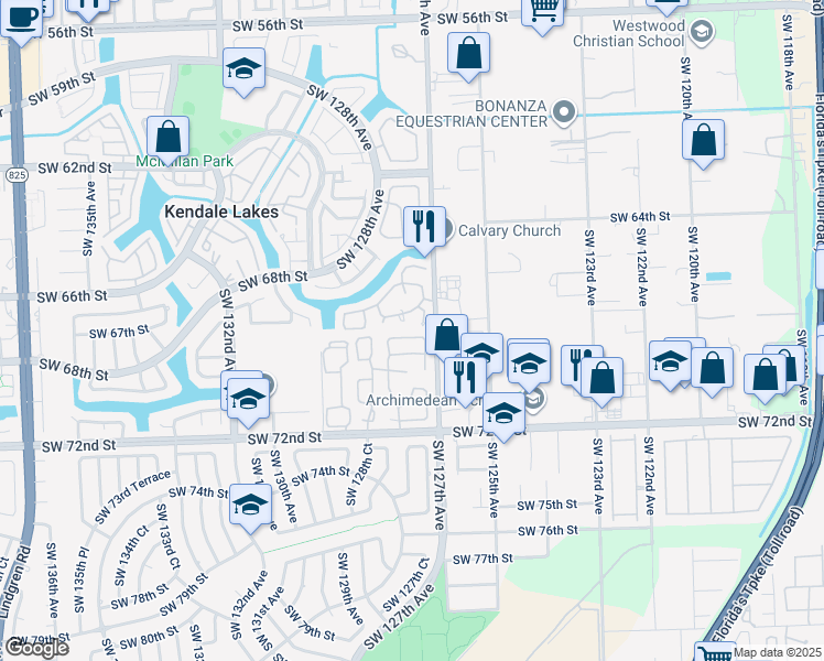 map of restaurants, bars, coffee shops, grocery stores, and more near 12729 Southwest 68th Terrace in Miami