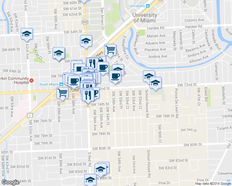 map of restaurants, bars, coffee shops, grocery stores, and more near 7229 Southwest 54th Avenue in Miami