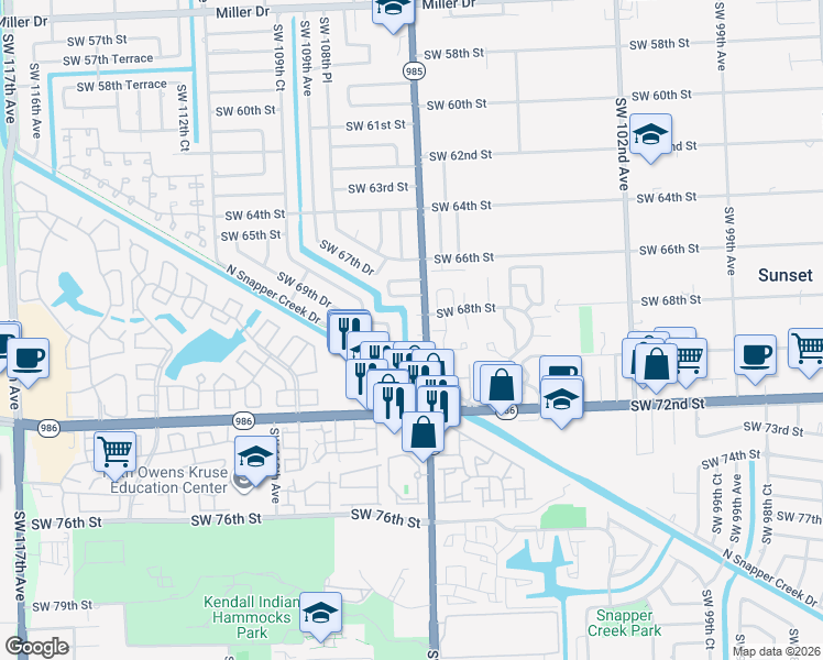 map of restaurants, bars, coffee shops, grocery stores, and more near 10711 Southwest 69th Street in Miami