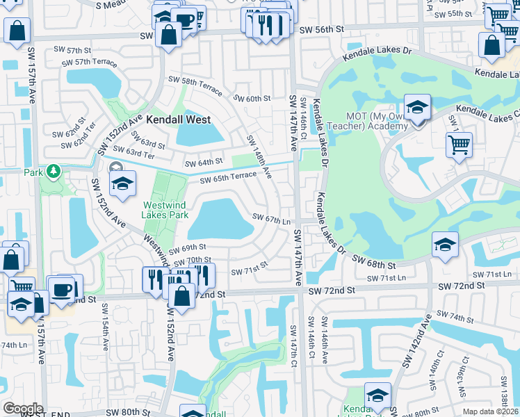 map of restaurants, bars, coffee shops, grocery stores, and more near 6654 SW 148th Pl in Miami