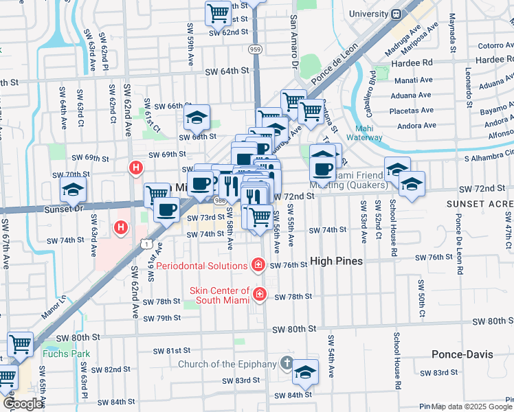 map of restaurants, bars, coffee shops, grocery stores, and more near 7227 Southwest 57th Court in South Miami