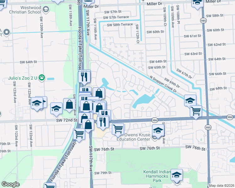 map of restaurants, bars, coffee shops, grocery stores, and more near 6804 Southwest 114th Place in Miami