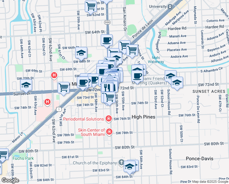 map of restaurants, bars, coffee shops, grocery stores, and more near 7230 Southwest 56th Avenue in Miami