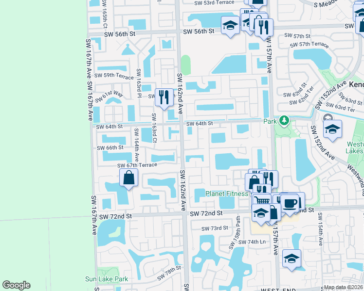 map of restaurants, bars, coffee shops, grocery stores, and more near Southwest 162nd Avenue in Miami