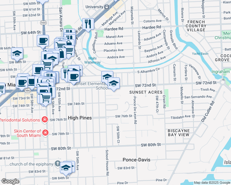 map of restaurants, bars, coffee shops, grocery stores, and more near 5120 Southwest 72nd Avenue in Miami