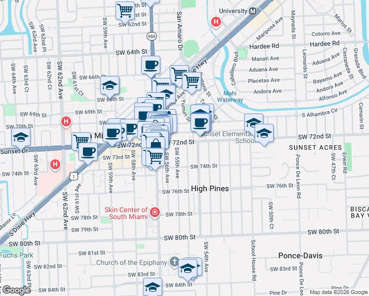 map of restaurants, bars, coffee shops, grocery stores, and more near 7228 Southwest 54th Court in Miami