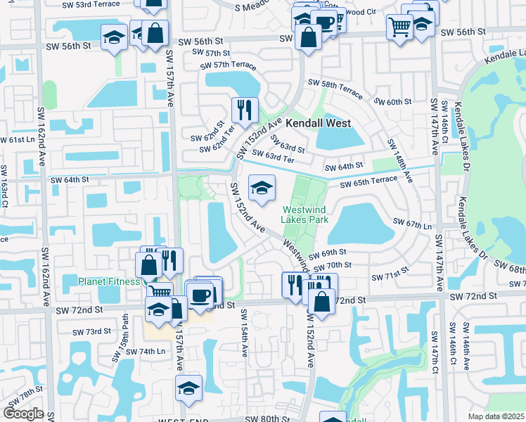 map of restaurants, bars, coffee shops, grocery stores, and more near 6601 Southwest 152nd Avenue in Miami