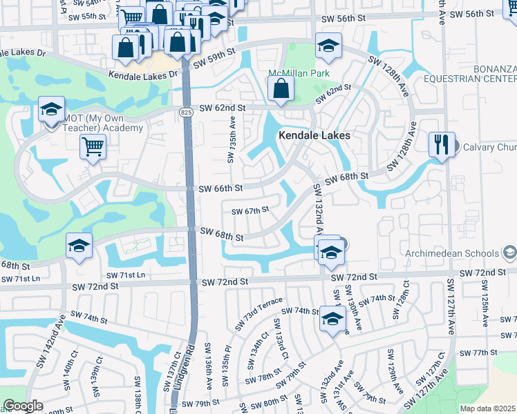 map of restaurants, bars, coffee shops, grocery stores, and more near 13421 Southwest 67th Street in Miami