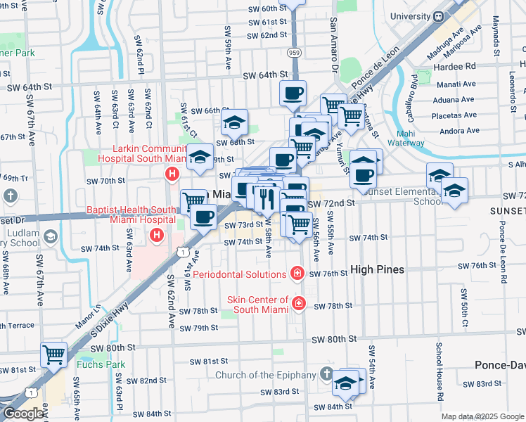 map of restaurants, bars, coffee shops, grocery stores, and more near 5812 Sunset Drive in South Miami