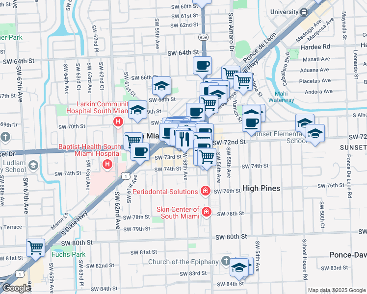 map of restaurants, bars, coffee shops, grocery stores, and more near 5812 Sunset Drive in South Miami
