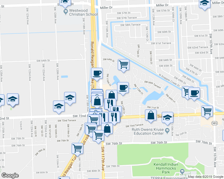 map of restaurants, bars, coffee shops, grocery stores, and more near 6805 Southwest 116th Court in Miami