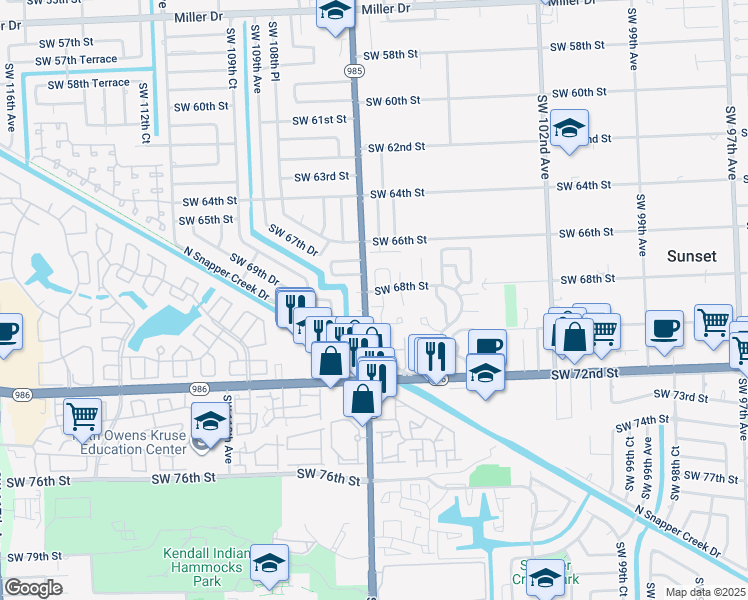 map of restaurants, bars, coffee shops, grocery stores, and more near 6817 Southwest 106th Court in Miami