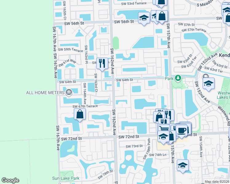 map of restaurants, bars, coffee shops, grocery stores, and more near 16127 Southwest 66th Terrace in Miami