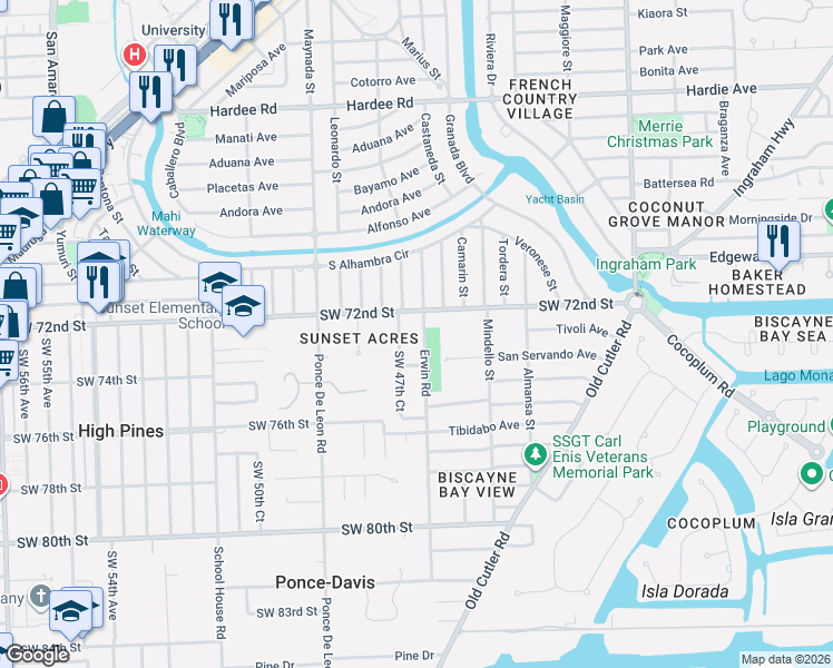map of restaurants, bars, coffee shops, grocery stores, and more near 7310 Erwin Road in Coral Gables