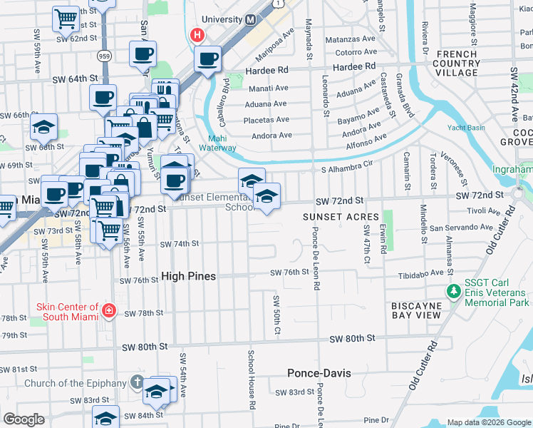 map of restaurants, bars, coffee shops, grocery stores, and more near 5120 Sunset Drive in Miami