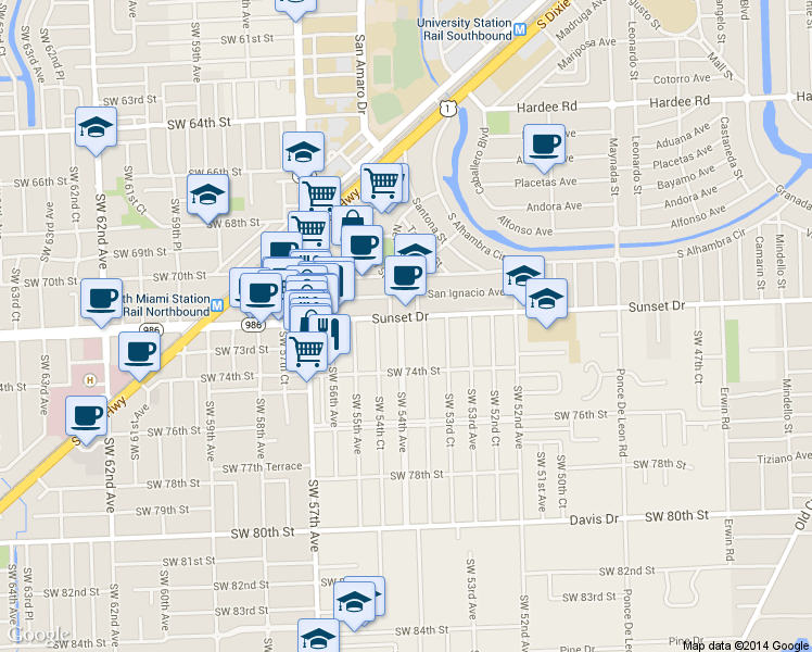 map of restaurants, bars, coffee shops, grocery stores, and more near 7229 Southwest 54th Avenue in Miami