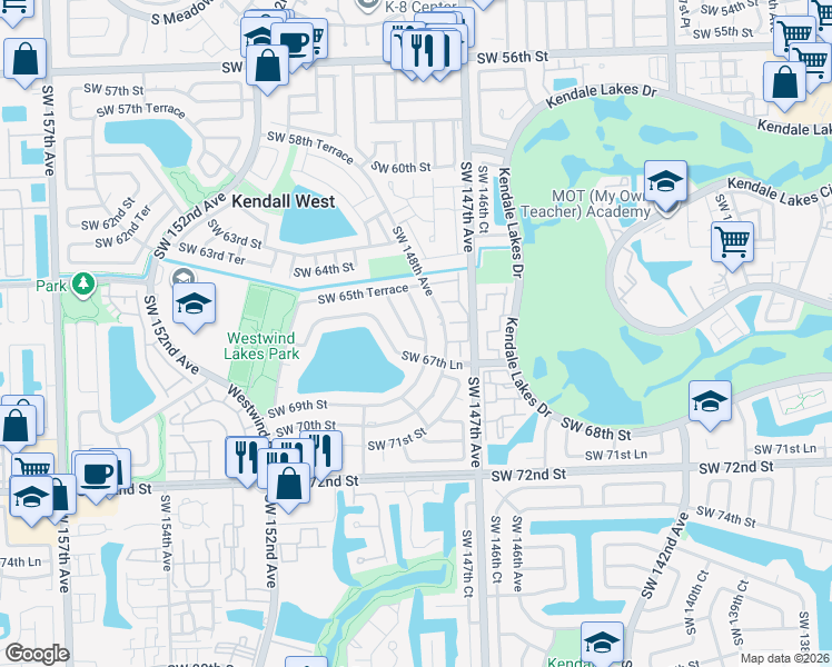 map of restaurants, bars, coffee shops, grocery stores, and more near 6654 Southwest 148th Place in Miami
