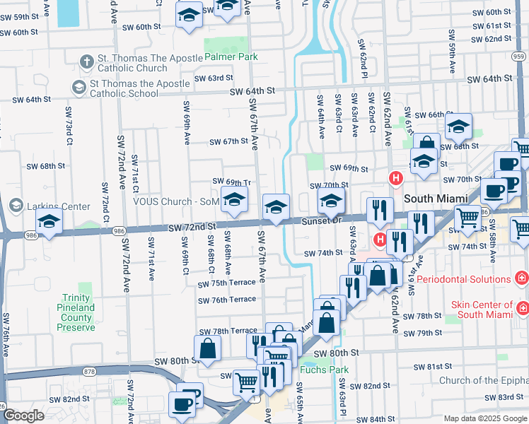 map of restaurants, bars, coffee shops, grocery stores, and more near 6661 Southwest 72nd Street in South Miami