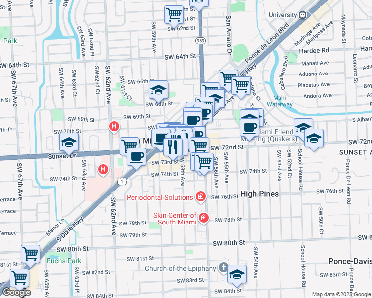 map of restaurants, bars, coffee shops, grocery stores, and more near 5829 Southwest 73rd Street in South Miami
