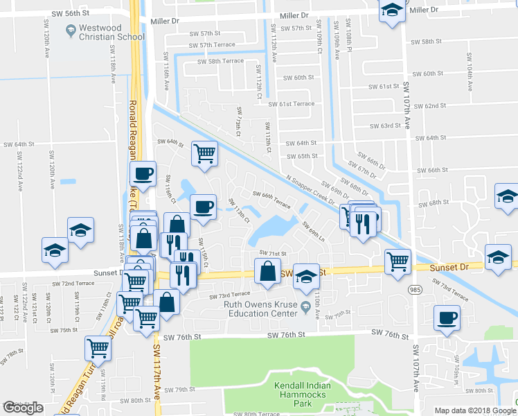map of restaurants, bars, coffee shops, grocery stores, and more near 6867 Southwest 113th Place in Miami