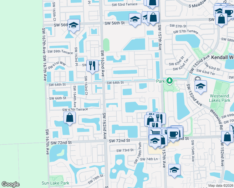 map of restaurants, bars, coffee shops, grocery stores, and more near 6610 Southwest 159th Place in Miami