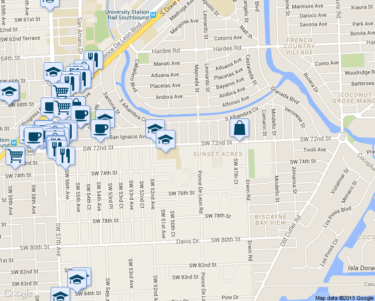 map of restaurants, bars, coffee shops, grocery stores, and more near 4940 Sunset Drive in Miami