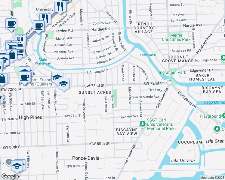 map of restaurants, bars, coffee shops, grocery stores, and more near 7310 Erwin Road in Coral Gables