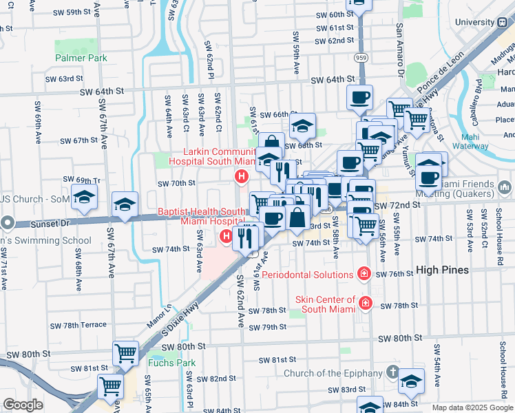 map of restaurants, bars, coffee shops, grocery stores, and more near 6101 Sunset Drive in South Miami