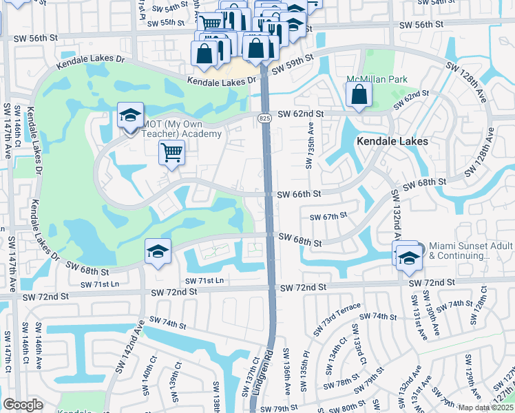 map of restaurants, bars, coffee shops, grocery stores, and more near 6735 Southwest 137th Court in Miami