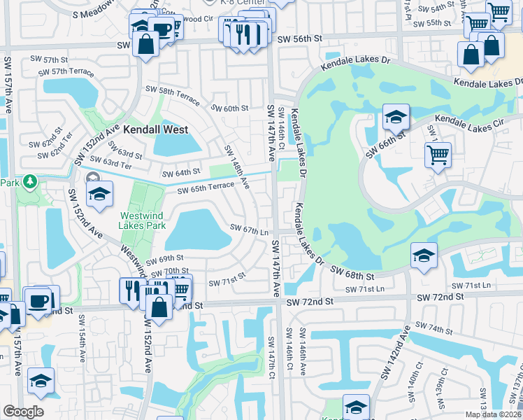 map of restaurants, bars, coffee shops, grocery stores, and more near 6700 Southwest 147th Court in Miami