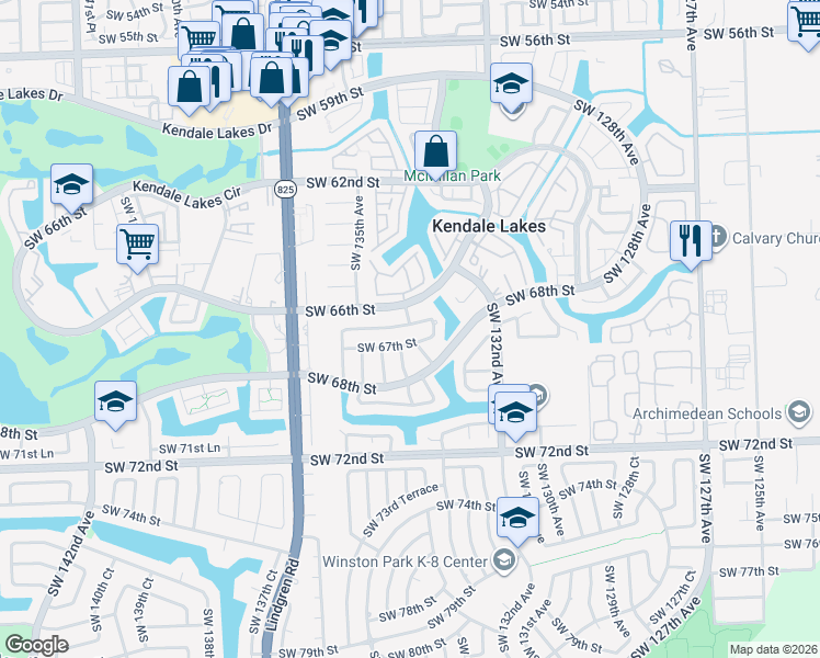 map of restaurants, bars, coffee shops, grocery stores, and more near 13421 Southwest 67th Street in Miami