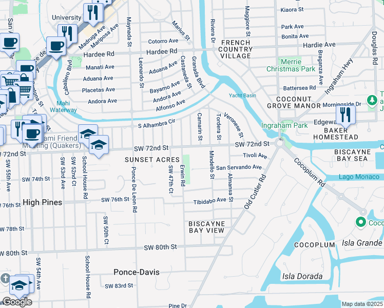 map of restaurants, bars, coffee shops, grocery stores, and more near 4685 Southwest 74th Street in Coral Gables
