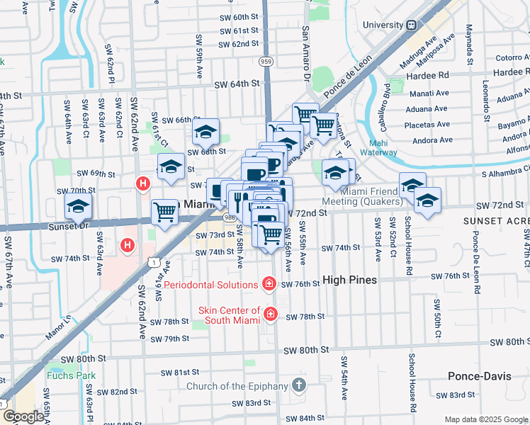 map of restaurants, bars, coffee shops, grocery stores, and more near 7227 Southwest 57th Court in South Miami