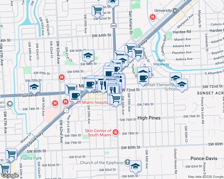 map of restaurants, bars, coffee shops, grocery stores, and more near 7227 Southwest 57th Court in South Miami