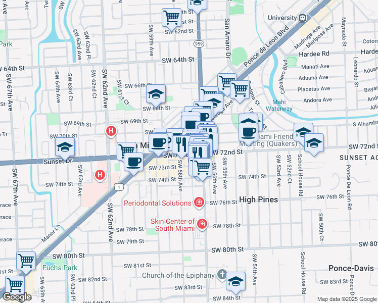 map of restaurants, bars, coffee shops, grocery stores, and more near 7227 Southwest 57th Court in South Miami
