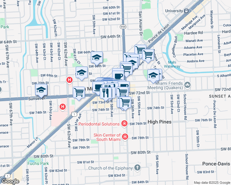 map of restaurants, bars, coffee shops, grocery stores, and more near 5829 Southwest 73rd Street in South Miami