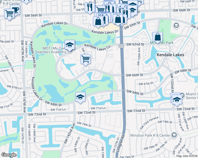 map of restaurants, bars, coffee shops, grocery stores, and more near 13850 Southwest 67th Terrace in Miami