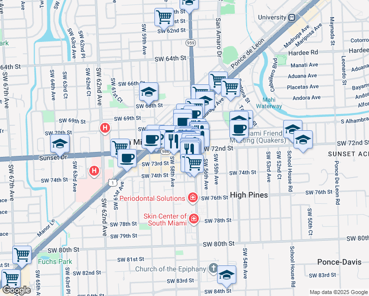 map of restaurants, bars, coffee shops, grocery stores, and more near 7227 Southwest 57th Court in South Miami