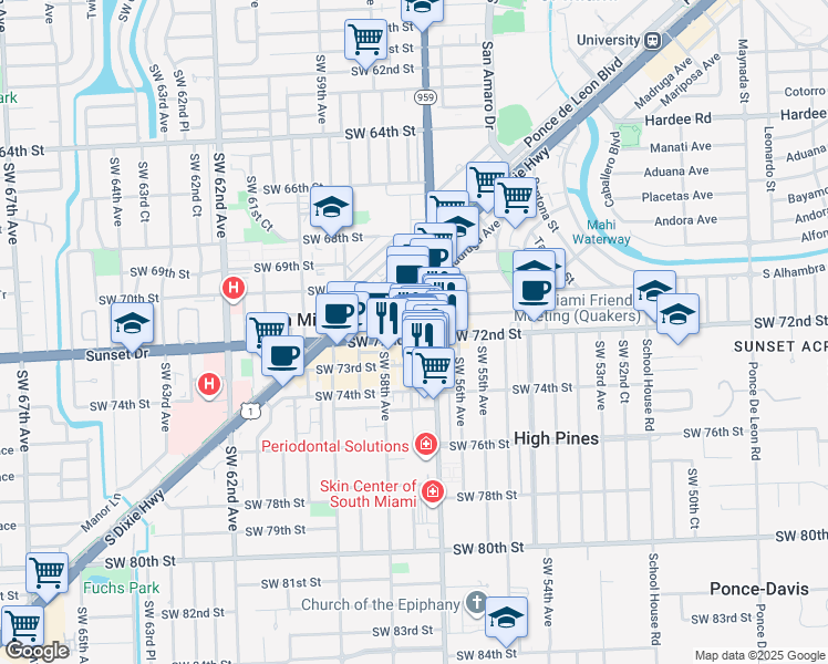 map of restaurants, bars, coffee shops, grocery stores, and more near 7227 Southwest 57th Court in South Miami